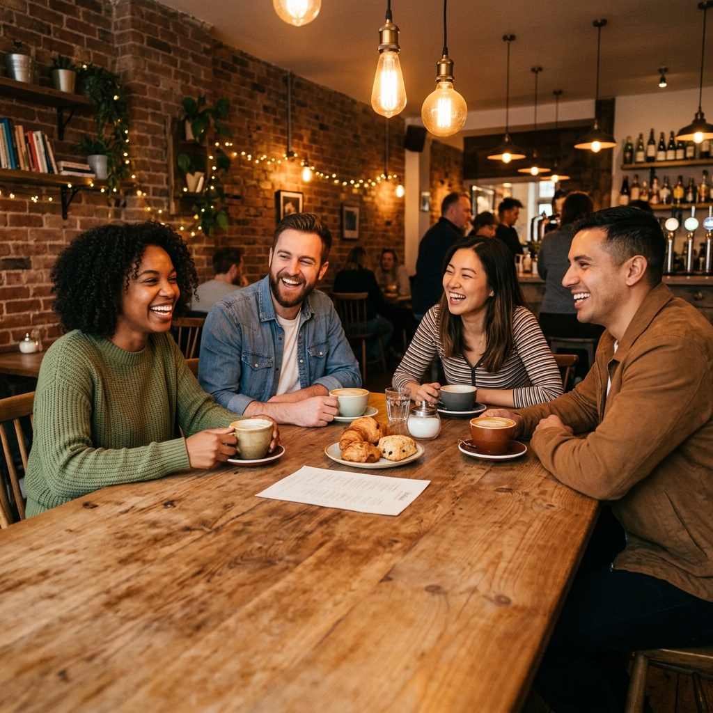 Friends meeting at a cozy cafe